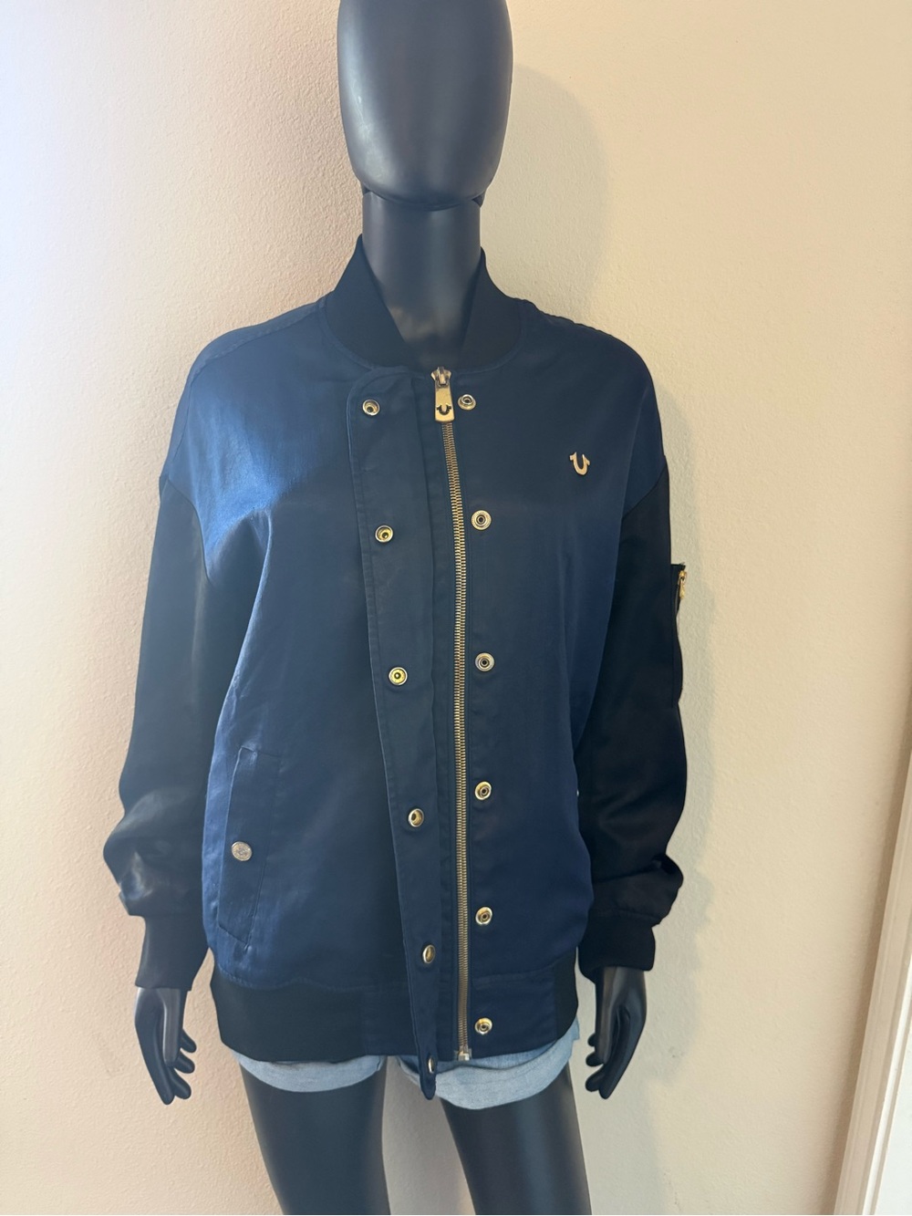 True Religion Navy Bomber Jacket with Black Sleeves - Gold Hardware